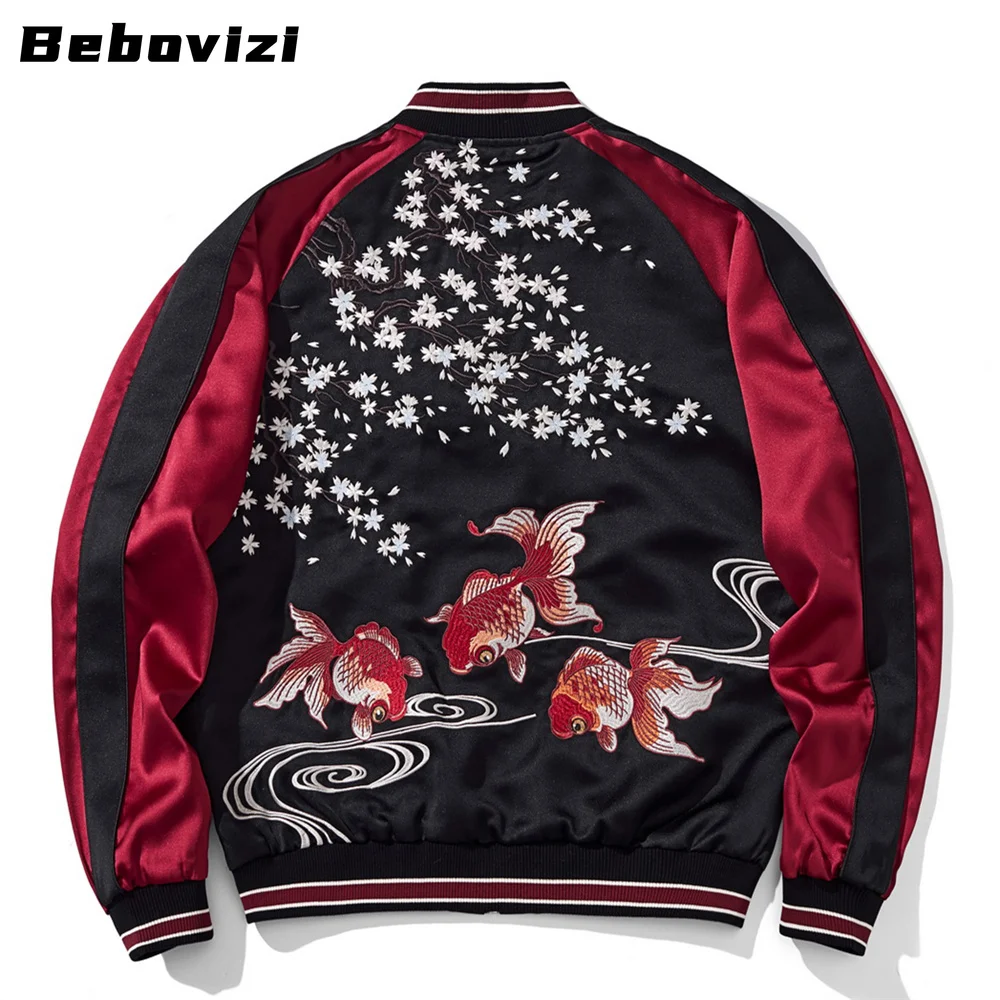 Stylish Japanese Yokosuka Jacket with Goldfish Embroidery - High-Quality Streetwear Urban Fashion Enthusiasts Bomber Jacket Men