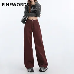 FINEWORDS Retro Angela Rot Winter Jeans Frauen Verdicken Kaschmir Hohe Taille Baggy Jeans Streetwear Casual Breite Bein Denim Hosen