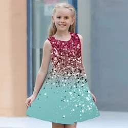 Princess Dress For Girl Summer 2024 Kids Clothes Sleeveless O-neck 3D Print Glitter Children Girls Party Dresses 2 To 8 Years