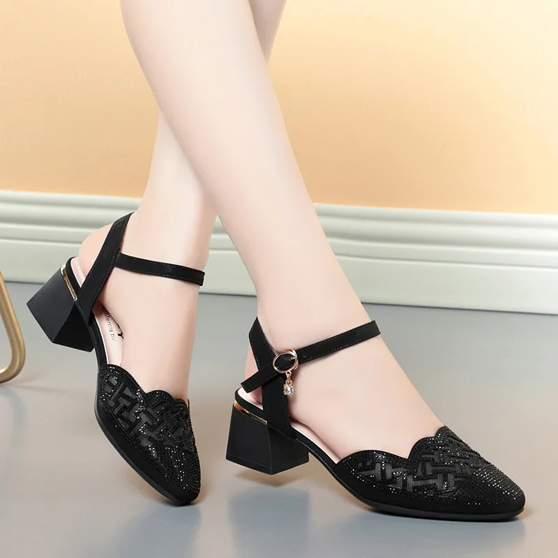 4.5cm Breathable Pointed Toe Mesh Rhinestone Med Block Heels Sandals 2024 Summer Soft Leather Shoes Women  For Office Mom Party