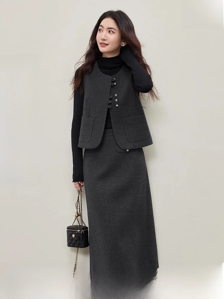 

Women's Winter Faion Tee-Piece Set round Ne Slim Fit Sweater High Waist Straight Tube Skirt Long Sve Polyester Fiber