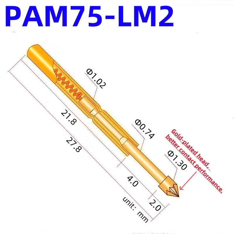 

100PCS PAM75-LM2 Spring Test Probe PAM75-LM Test Pin Test Tool 27.8mm 1.02mm Gold Needle Tip 1.3mm Pogo Pin PM75-LM PM75-LM2