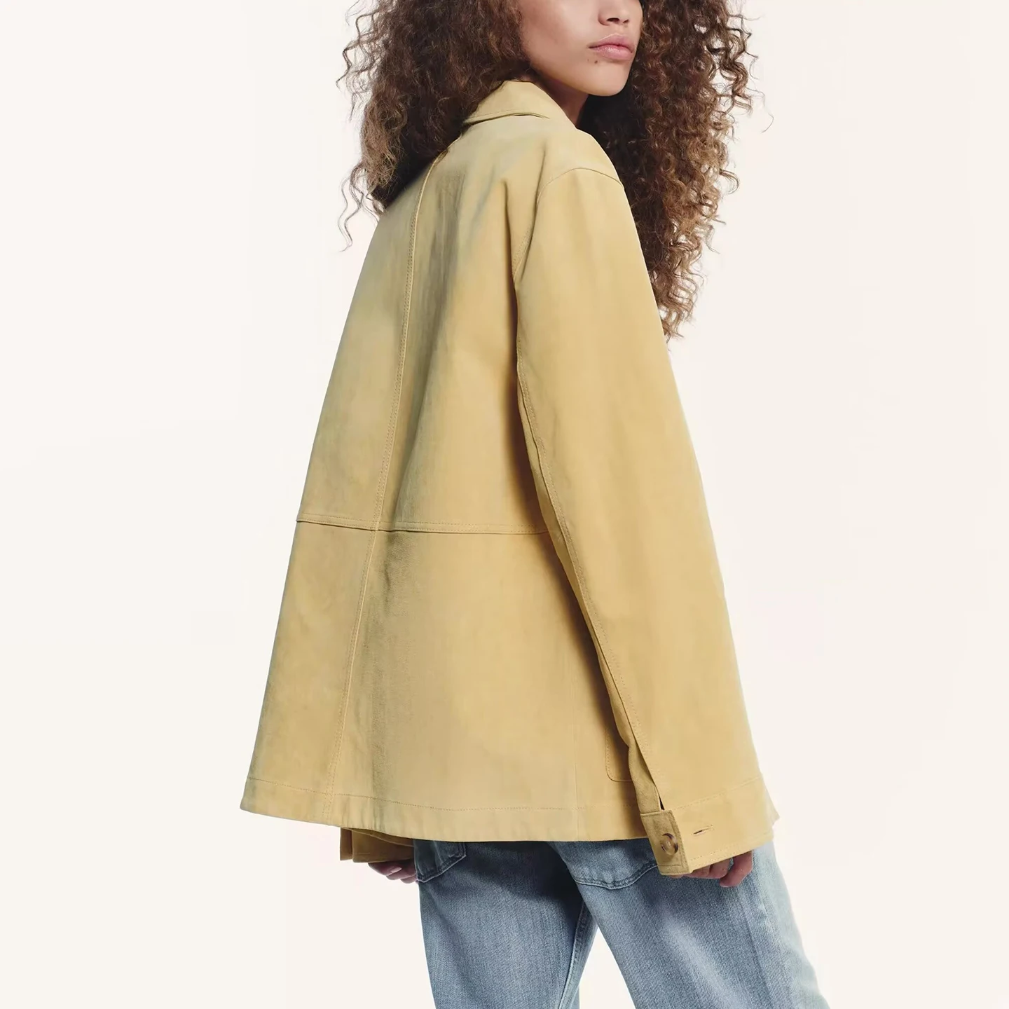 여성을위한 Faionable 퓨어 컬러 가죽 Jaet 캐주얼 루즈핏 통기성 롱 Sve 버튼 업 코트 Sli Versatile Dail...