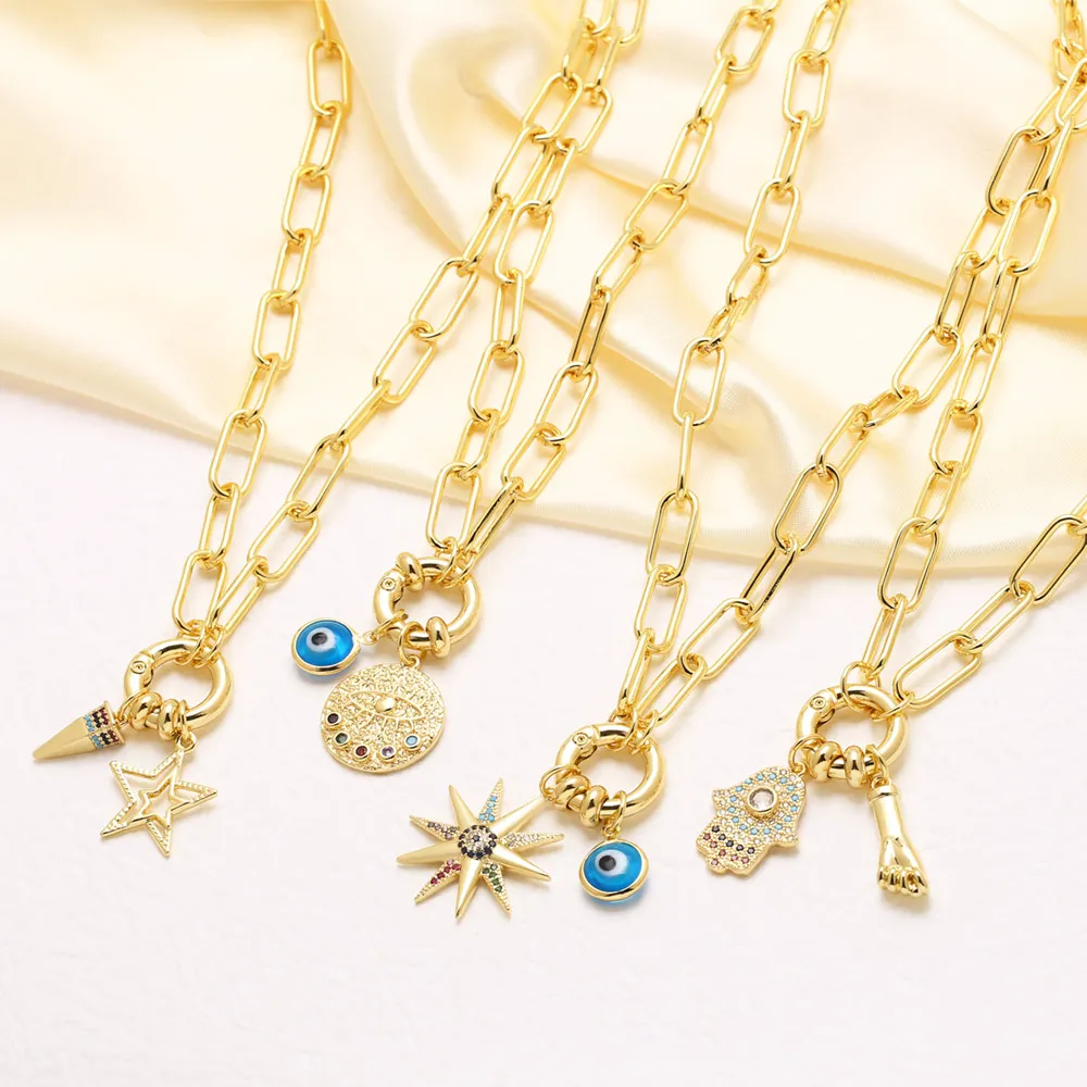 FLOLA Rainbow Evil Eye Necklaces for Women Copper Cubic Zirconia Fatima Hand Necklaces Gold Plated Jewelry olho grego nkeu82