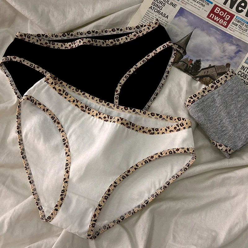 3-teiliges Set Sexy Leopardenmuster Unterwäsche für Damen Baumwolle Weiche Slips Mittelhohe Taille Atmungsaktive Unterhosen für Mädchen Übergröße M-3XL