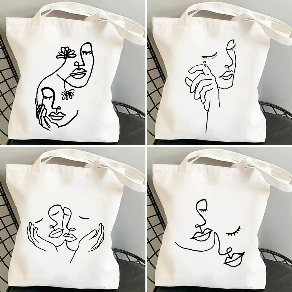 Aesthetic Line Woman Face Art Minimalist Girl Lady Beauty Eye Flower Fashion Canvas Shoulder Shopper Cotton Handbag Eco Tote Bag