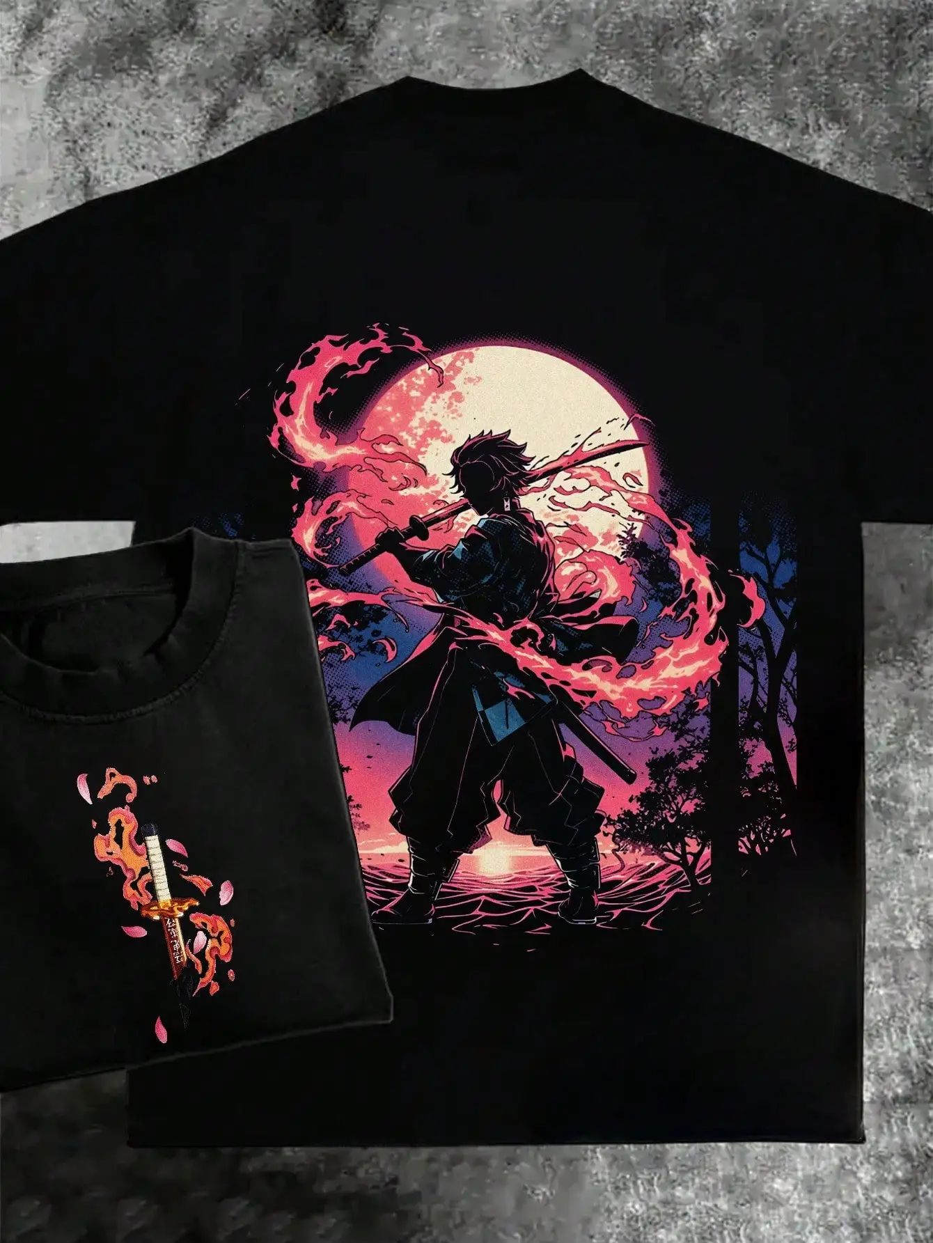 Men's Black Graphic Tee with Samurai-Style Sword Artwork, Casual Streetwear Summer Top