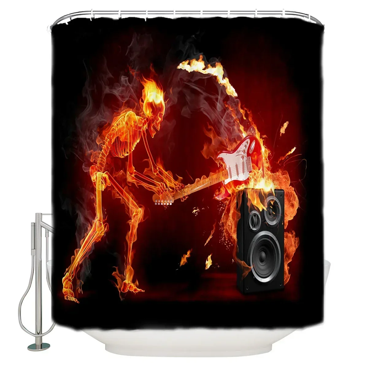 Flame Guitar Skull Shower Curtain Waterproof Polyester Fabric Bath Curtains with Hooks Bathroom Accessorie Decor Cortina