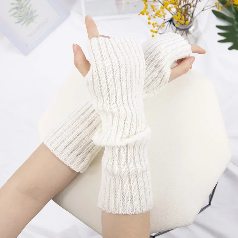 Women Fingerless Anime Gloves Arm Warmers Goth Knitted Kawaii Lolita Gloves Wrist Sleeves Harajuku Mittens White Accessories