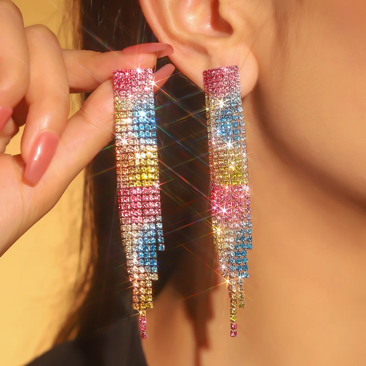 MYYA Rhinestone Sparkling Dangling Earrings Long Tassel Earrings Jewelry For Women Gradient Chandelier Earrings
