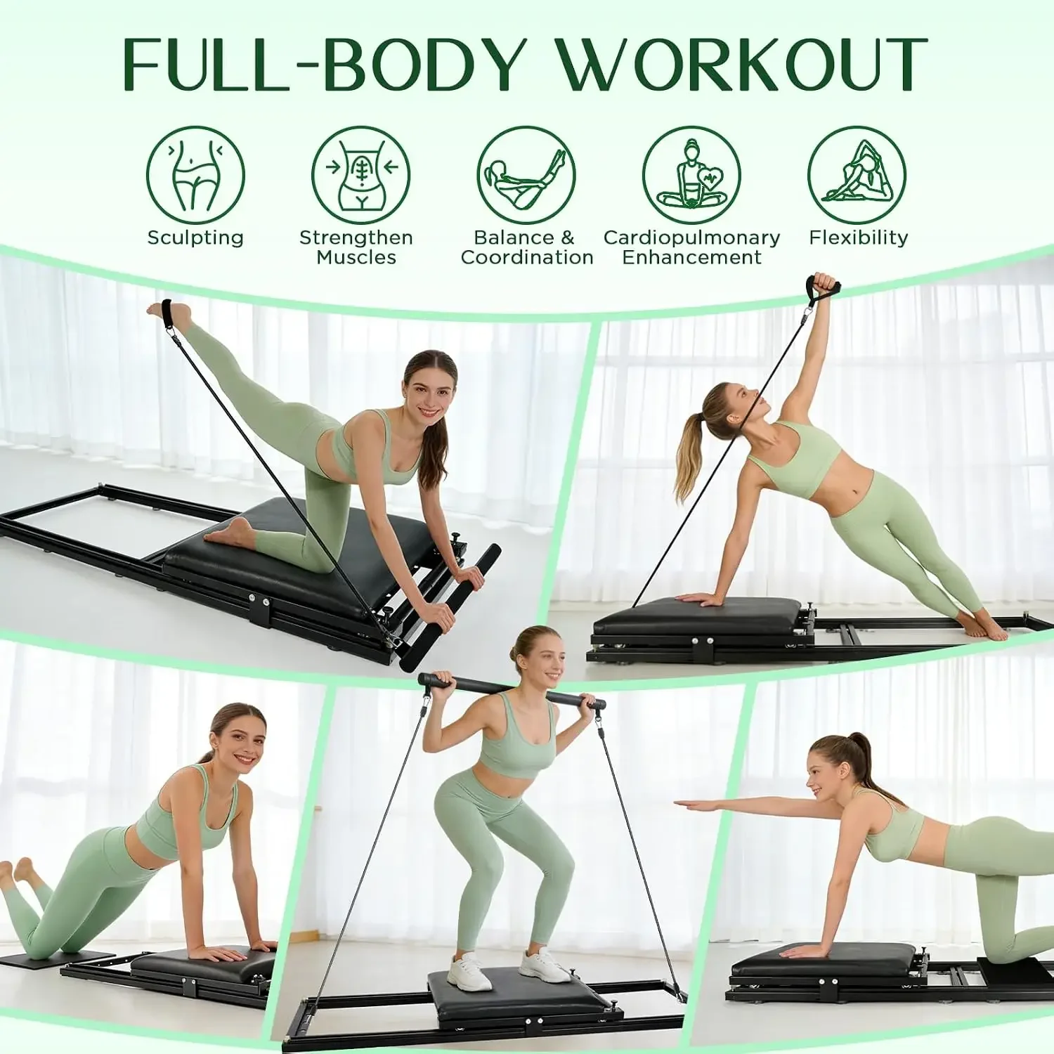 Pilates Board, Foldable Pilates Reformer Set | Multi-Purpose Iron Extended Pilate Equipment, 7-in-1 Pilate Machines for Home Use