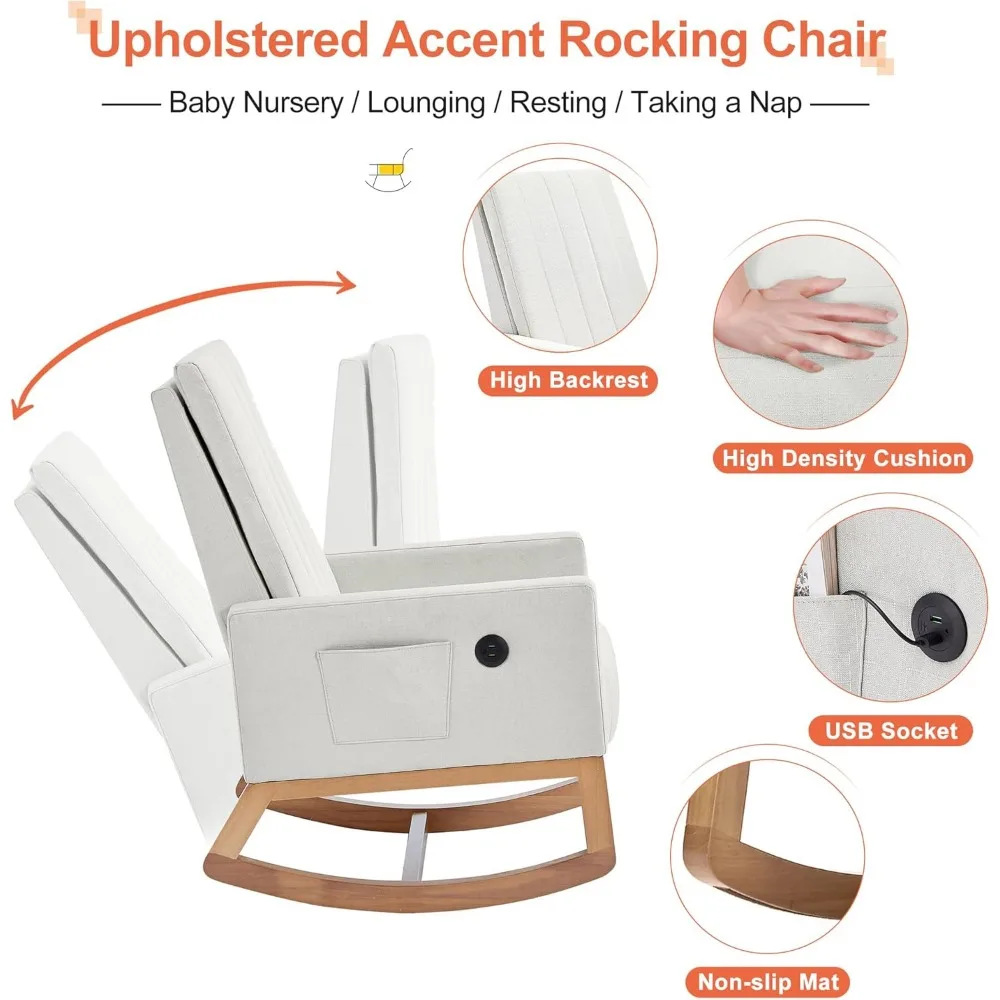 Schommelstoel, gestoffeerde zweefvliegtuigschommel voor kinderkamer Comfortabele fauteuil met veilige massief houten onderstel/USB-poort/zijvak