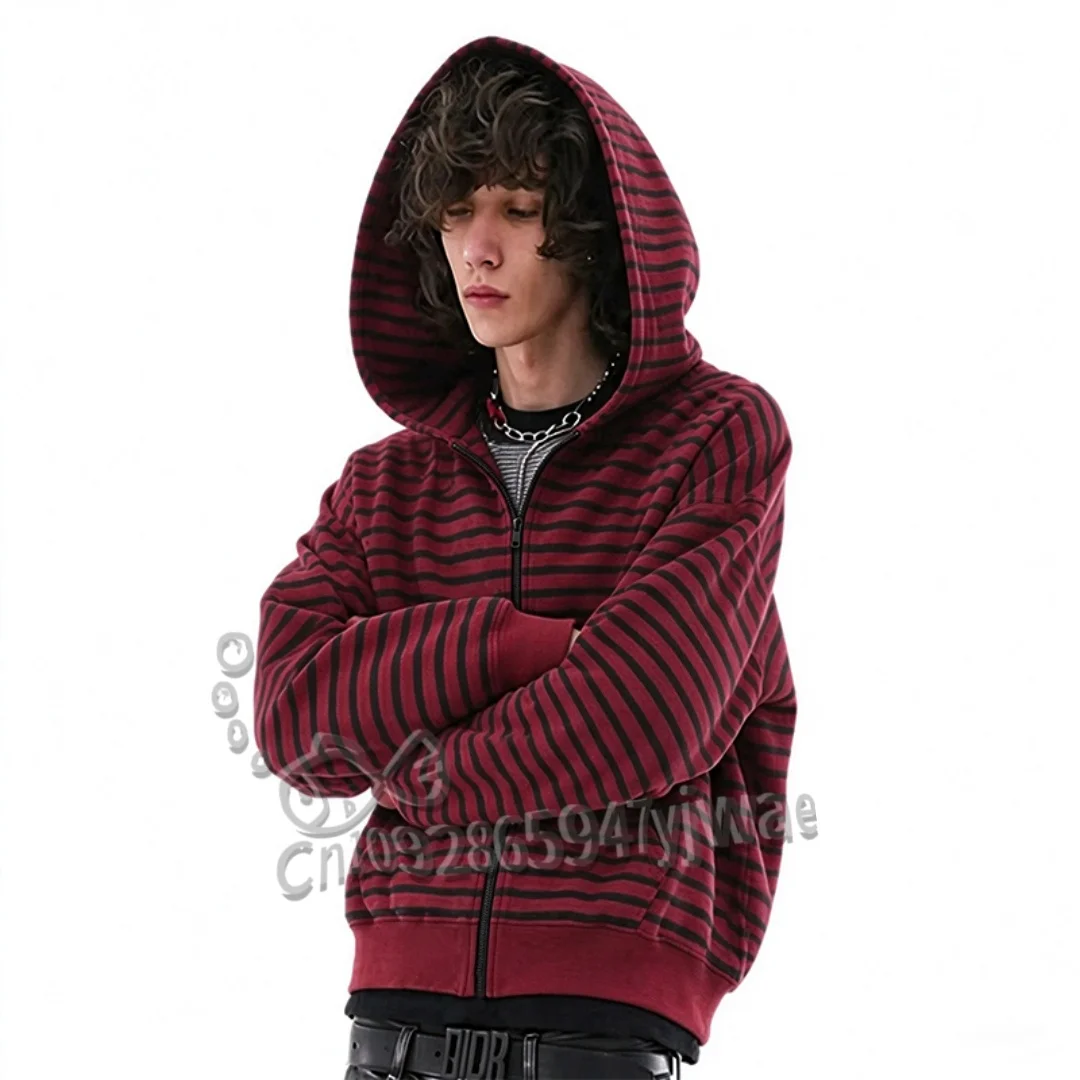 Red Black Striped Zip Up Hoodie Vintage Loose Stripe Zip Hooded Jacket Autumn Winter Punk Y2k Adult/Kid Streetwear Hooded Coat