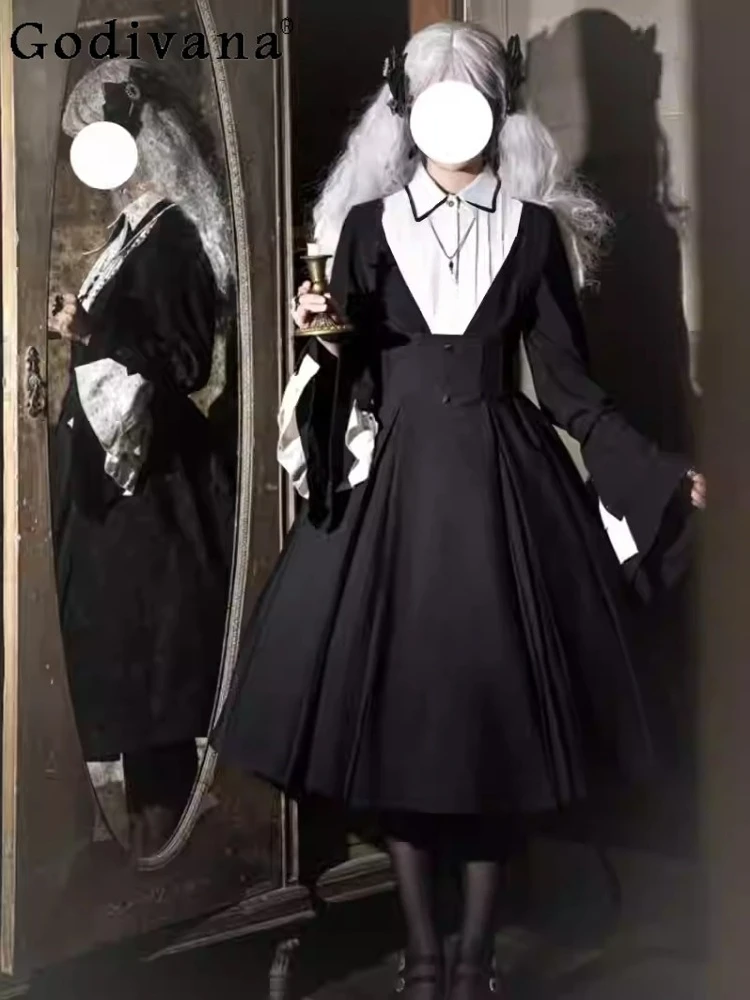 

Lolita Cos Gothic Spring Autumn Large Size Dark Subculture Two-piece Fashion Long Sleeve Shirt High Waist A-line Strap Skirt
