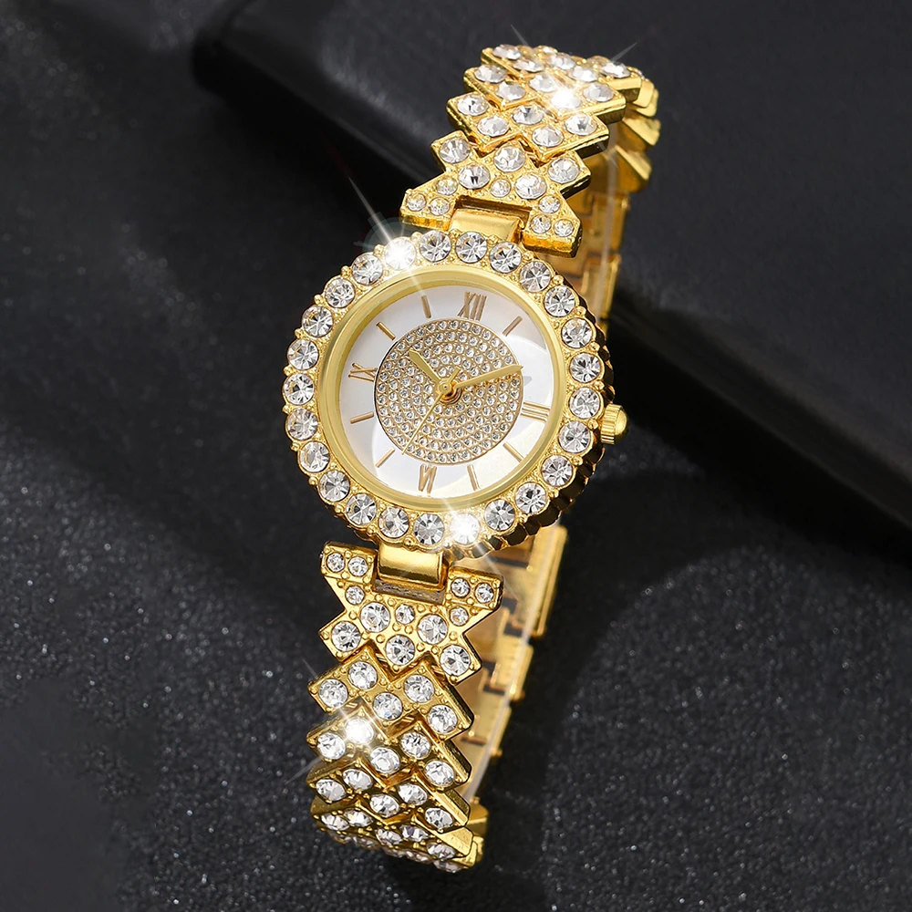 6PCS/Set Women\'s Watch Fashion Rhinestone Roma Dial Quartz Watch Steel Band Wristwatches Diamond JewelrySet