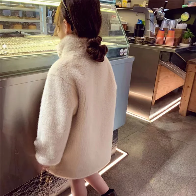 Imitation Mink Velvet Jackets Girls 2024 Autumn Winter New Loose White Casual Sweater Coat kids Jacket Girl Top