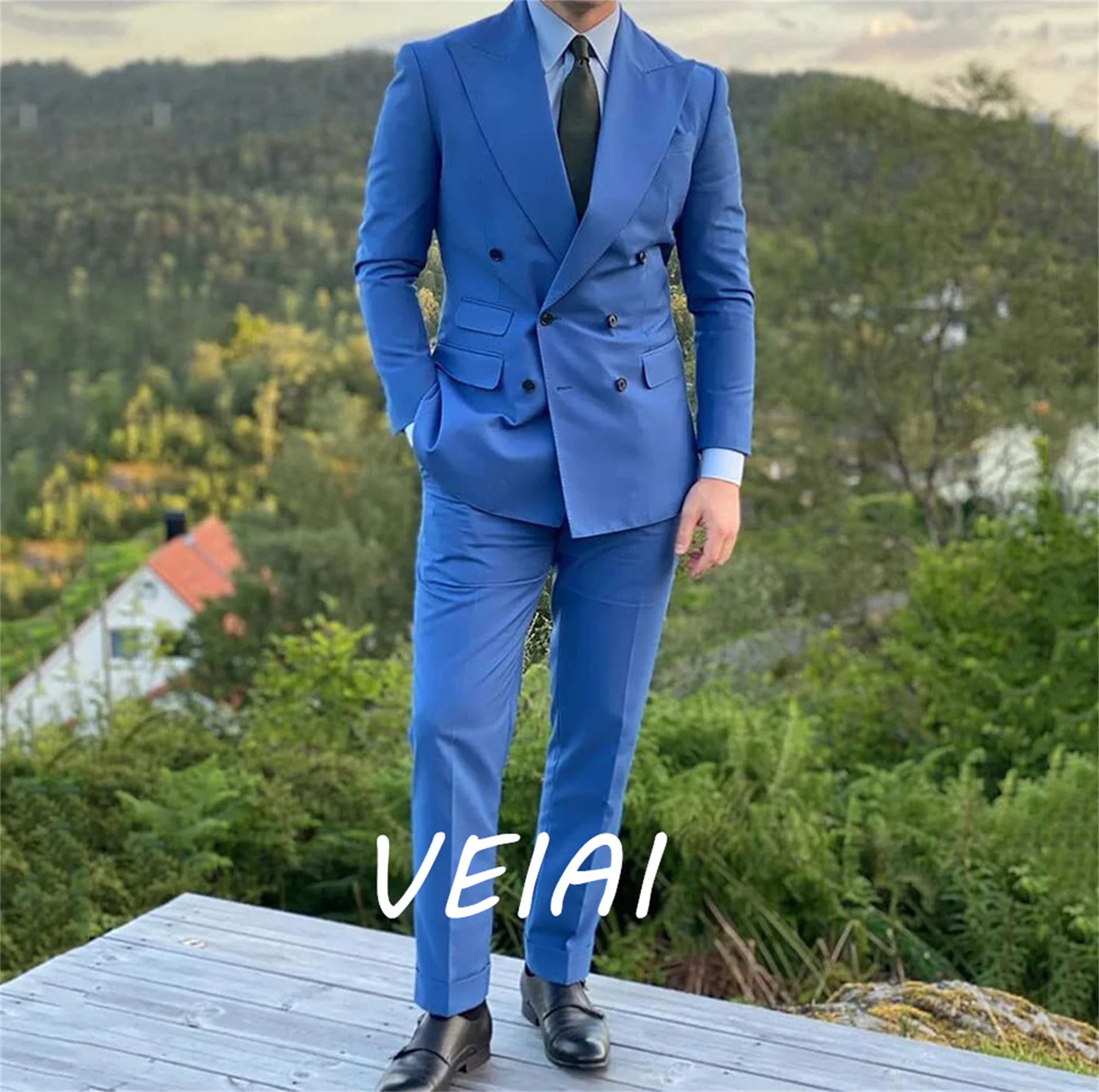 

CustomizedJas Pria 2 Buah Double Breasted Kasual Notch Lapel Tuksedo Pengiring Pria Pernikahan Jaket Celana (Blazer + Celana)