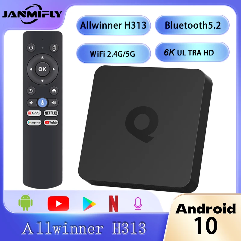 

Android10 Q1 Smart TV Box TV H313 6K@30fps 100M/LAN Dual Wifi2.4G/5G BT5.2 Google Voice Assistant Media Player Set Top Box