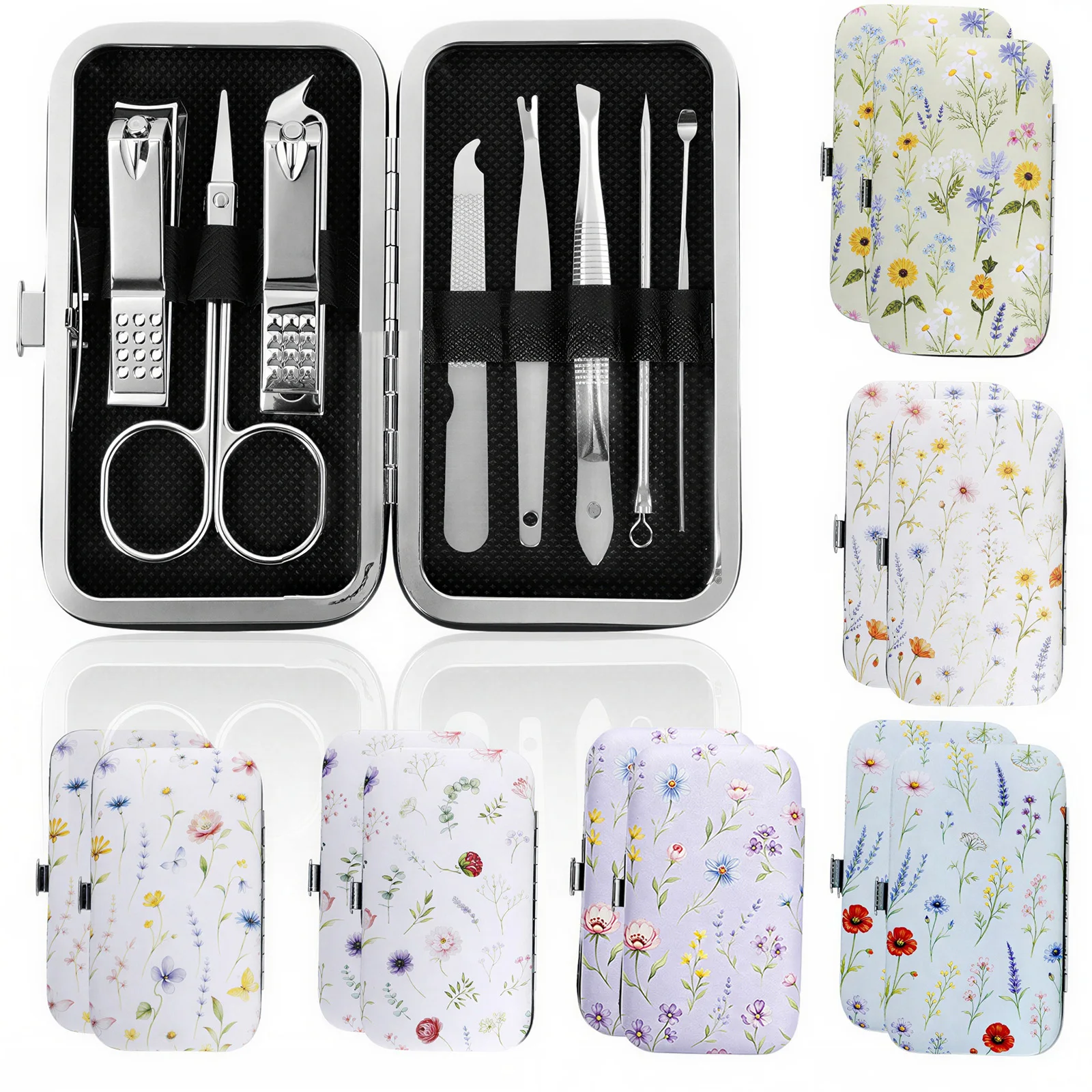 12 Pcs Spring Floral Manicure Set 8 In 1 Carbon Steel Mini Nail Care Tool Travel Portable Nail Clipper Kit Pedicure Grooming Kit
