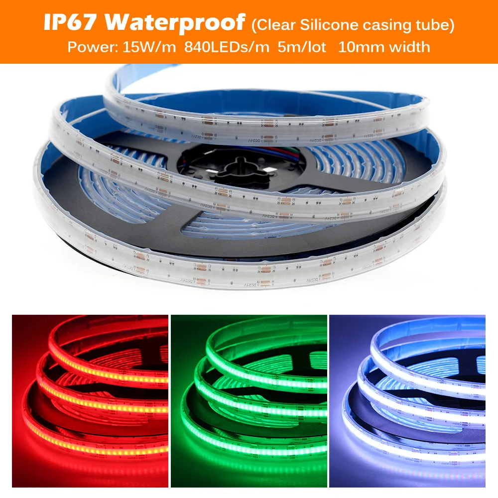 RGB COB LED Strip 840 LEDs 10mm DC12V 24V High Density Flexible IP67 Waterprof Super Brightness 5m/lot.