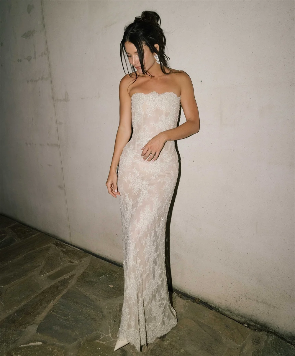 طوكيو مخصص البيج فساتين زفاف بدون حمالات بلا أكمام الظهر الدانتيل متابعة زي العرائس 2025 حورية البحر الطابق طول فساتين الزفاف