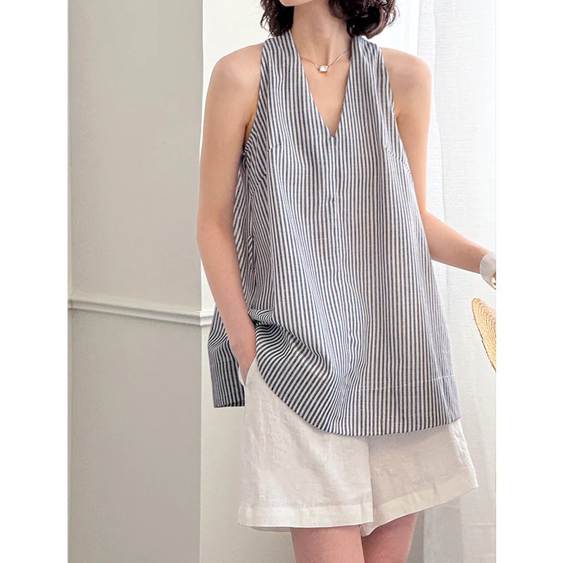 

Summer New V-neck Striped Sleeveless Shirt Top