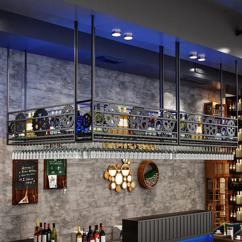 Industrial wind front desk hanging wine cabinet bar wine rack bar counter wrought iron hanger upside down wine glass rack