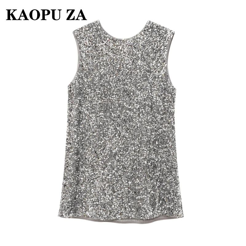 KAOPU ZA 2024 Autumn Woman Glamorous Sleeveless Dress Dresses Chic Winter Lady O-Collar Top Ruffles Sequins Mini Skirt Bowknot