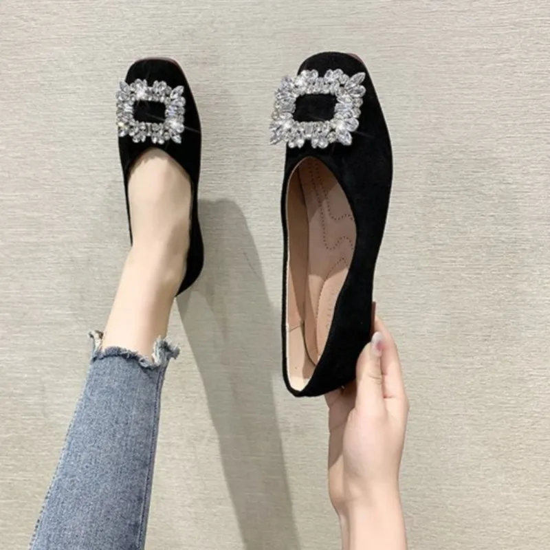 

Женские туфли-балетки с квадратным носком и стразами, новинка весна-осень, на мягкой подошве, модные, универсальные, во французском стиле