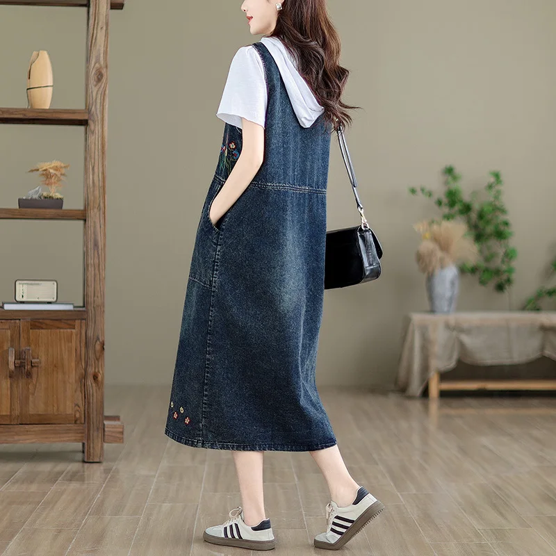 زهرة التطريز المرأة الدنيم فستان الصيف موضة نوعية جيدة خمر الأزرق جيب كبير المرقعة الإناث الفساتين غير رسمية