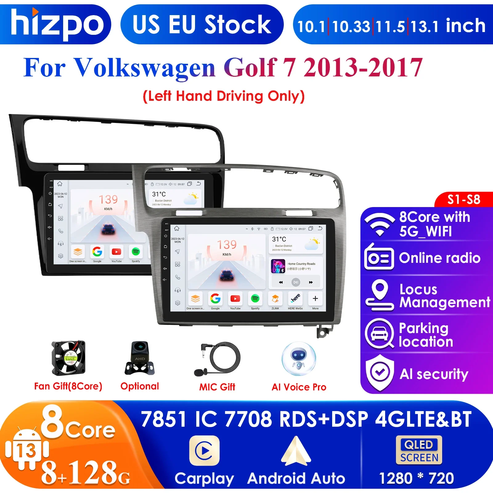 Hizpo 10.1 Carplay 4G 2 Din Android 13 Car Radio for Volkswagen Golf 7 2013 - 2017 Black Grey Video Player GPS DSP Autoradio RDS