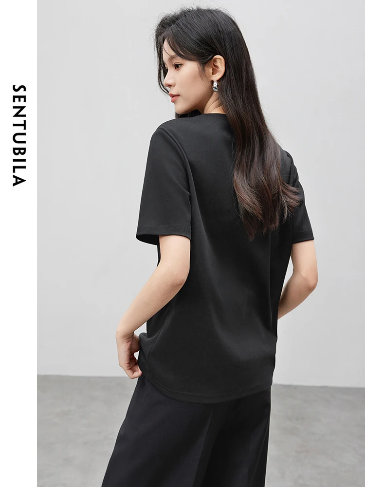 SENTUBILA 100% Cotton Letter Printing T-shirt for Women 2024 Summer Fashion Round Neck Comfortable Short Sleeve Top 142T55231