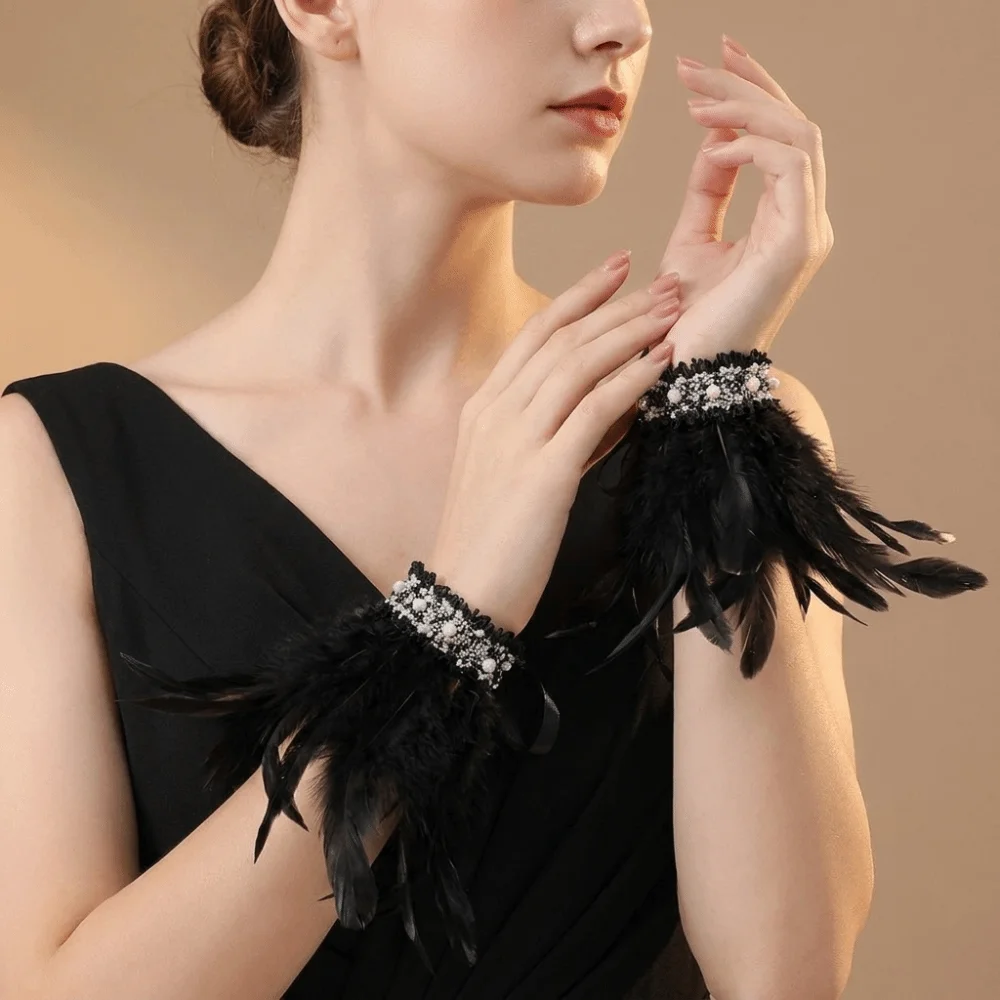 Fashion Lace Feather Wrist Cuffs Pearl Lightweight Plume Bracelet Adjustable Fluffy Wristband Themed Party