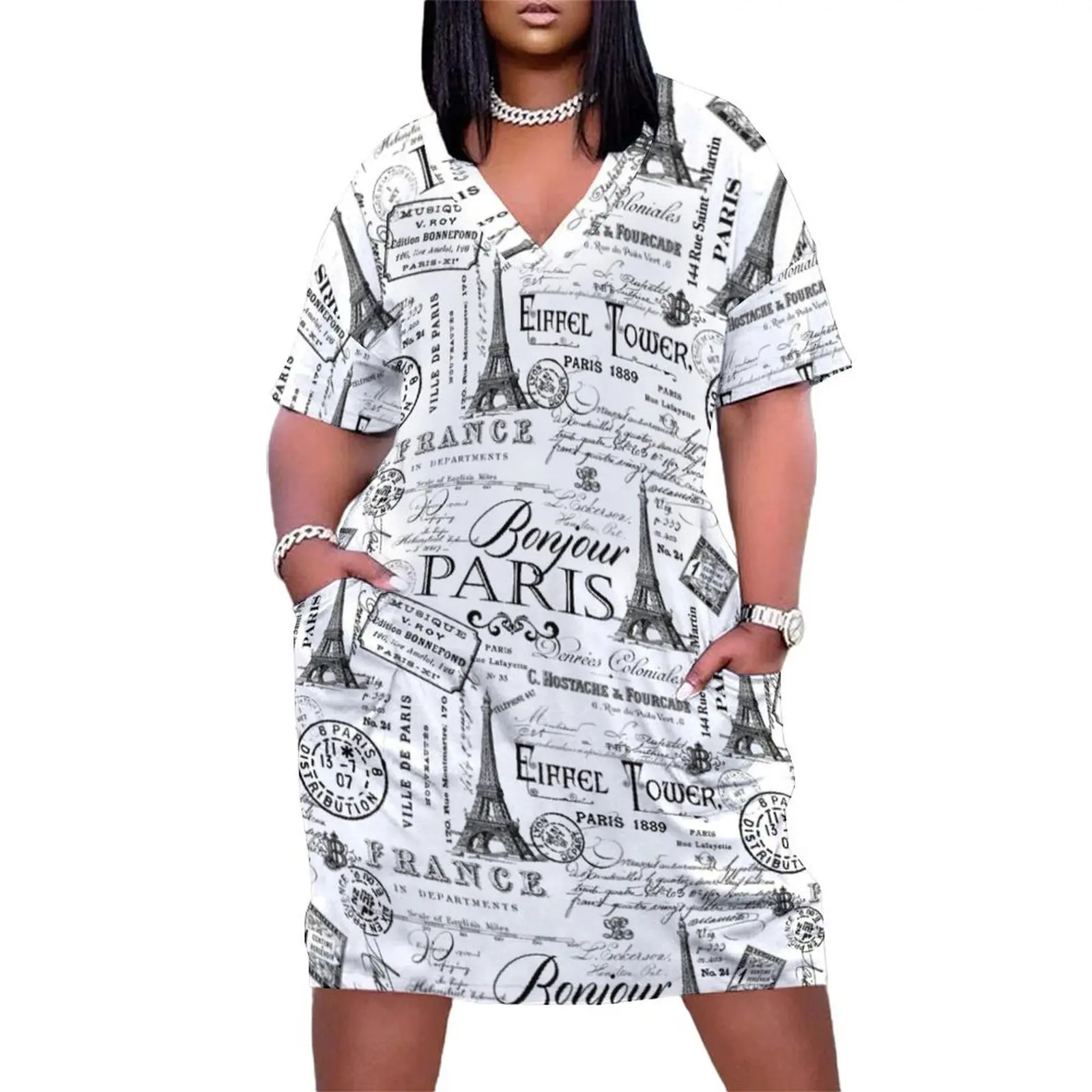 

Vintage Paris Black And White Nostalgic Pattern Loose Pocket Dress summer dress korean women women party dresses womens clothing