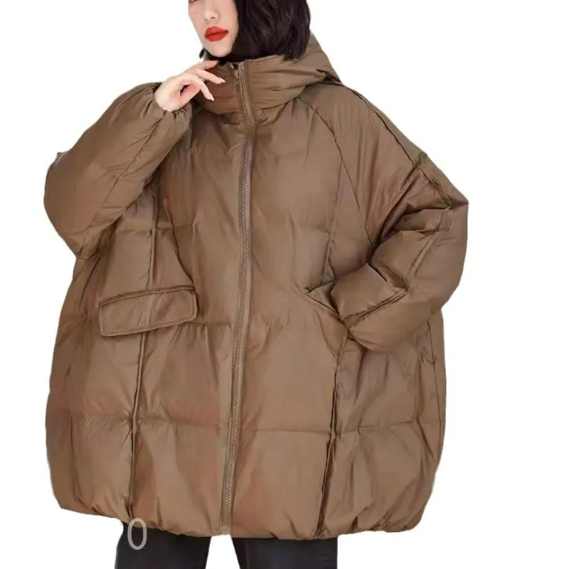 Women's Autumn and Winter Fashion High Street Loose Warm Women's Large Size White Duck Down Loose Medium and Long Hooded Jacket