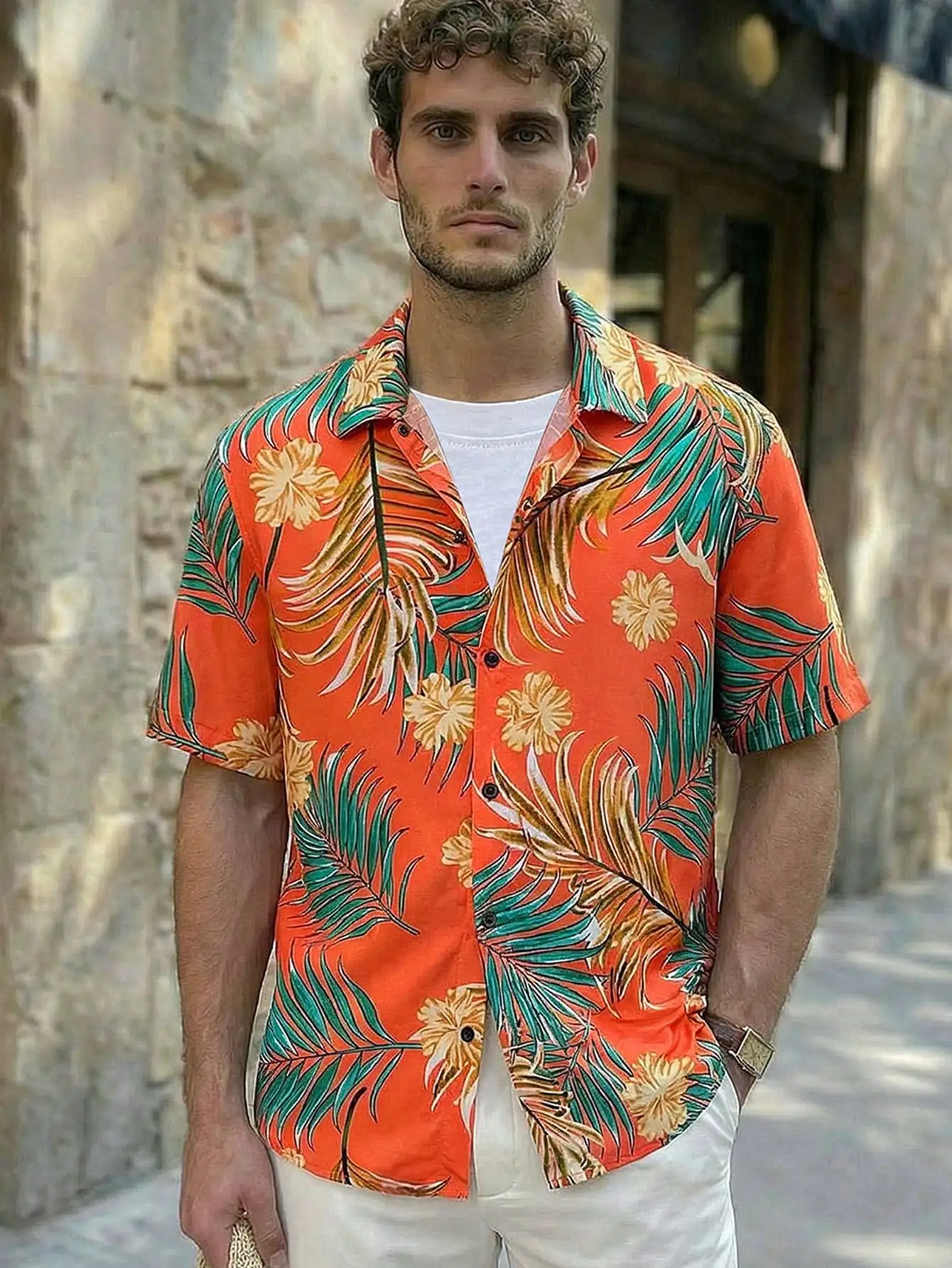 

Men's Loose Fit Tropical Print Short Sleeve Shirt - Orange Floral Pattern