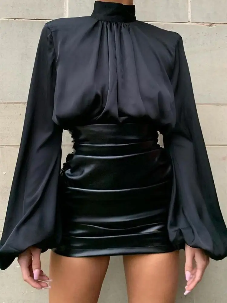 Women Faux Leather Pleated Skirts Ladies Bodycon Folds PU Pencil Skirts Mini High Waist Sexy Black Short Skirts Support Custom