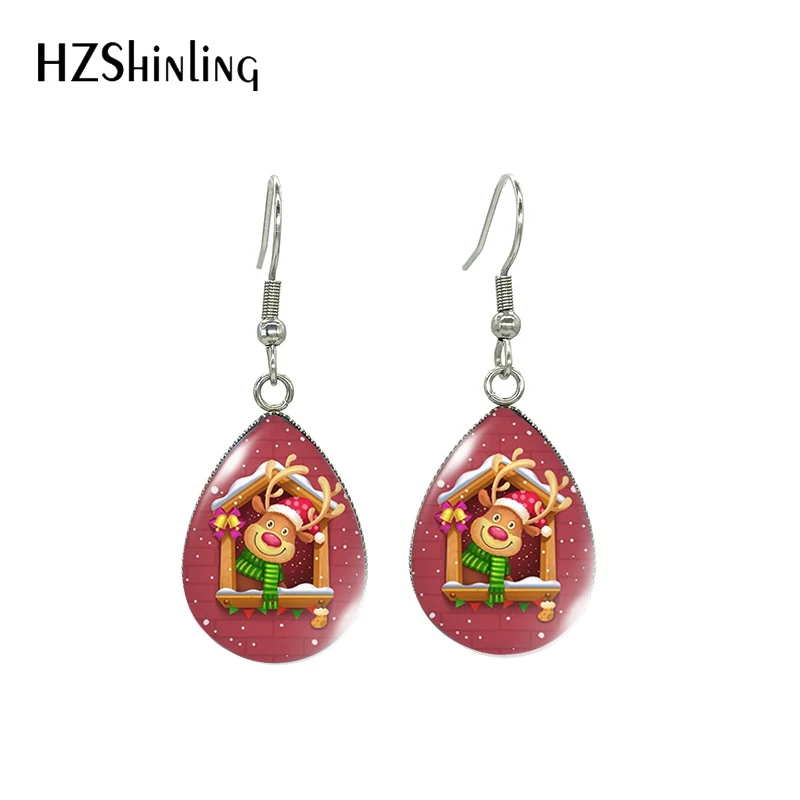 2023 New Arrival Fashion Cute Christmas Tree Santa Deer Snow Globe Handcraft Glass Cabochon Tear Drop Dangle Earrings