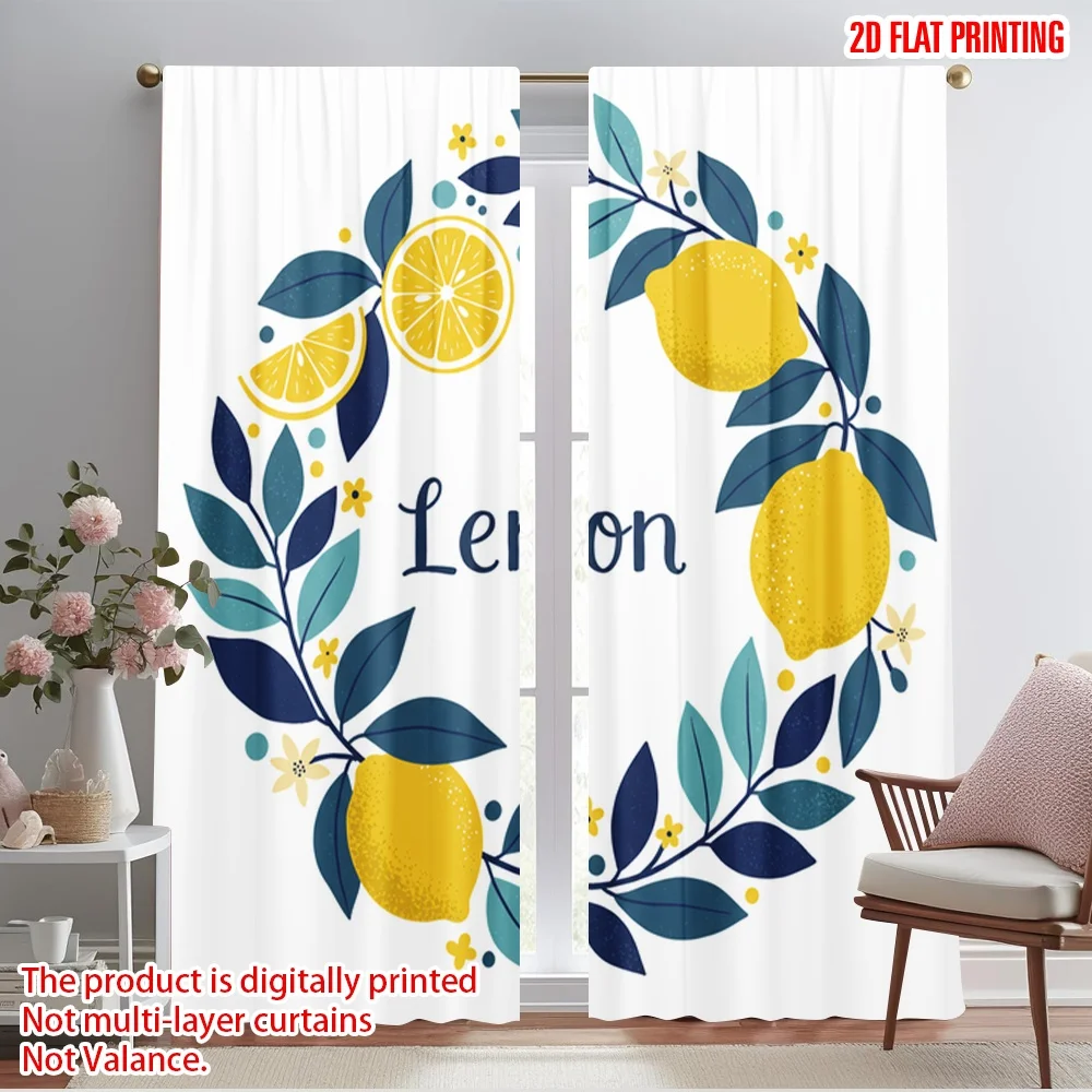 

2pcs 2D flat printing Window Curtains Lemon Floral Leafy Design 100% Polyester Fabric Without Electricity Seasonal Party &