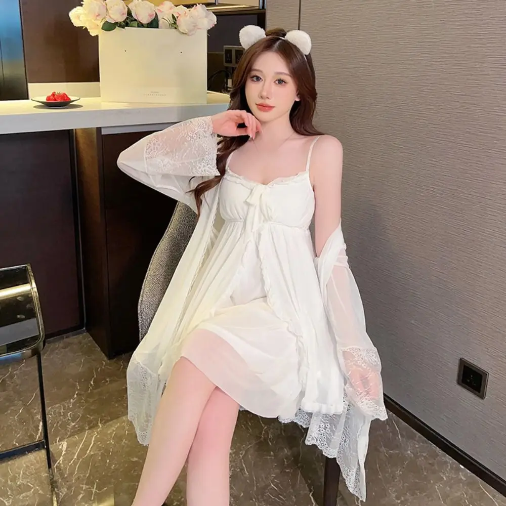 

Lace Bowknot Women Pajama Dress Nightgown Ruffle Sleeveless Suspender Nightdress Set Sleepwear Homewear Sleeping Dress Robe Set