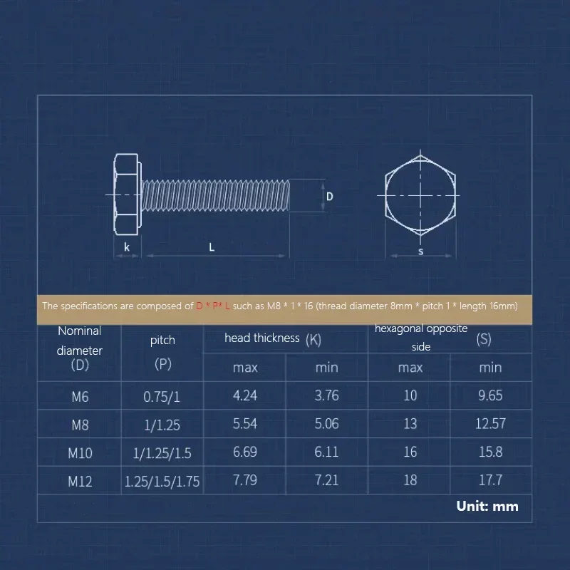 Pitch 1/1.25/1.5 Grade 8.8 Black Fine Tooth External Hexagon Screw Black External Hexagon Young Tooth Bolt Screw M8 M10 M12