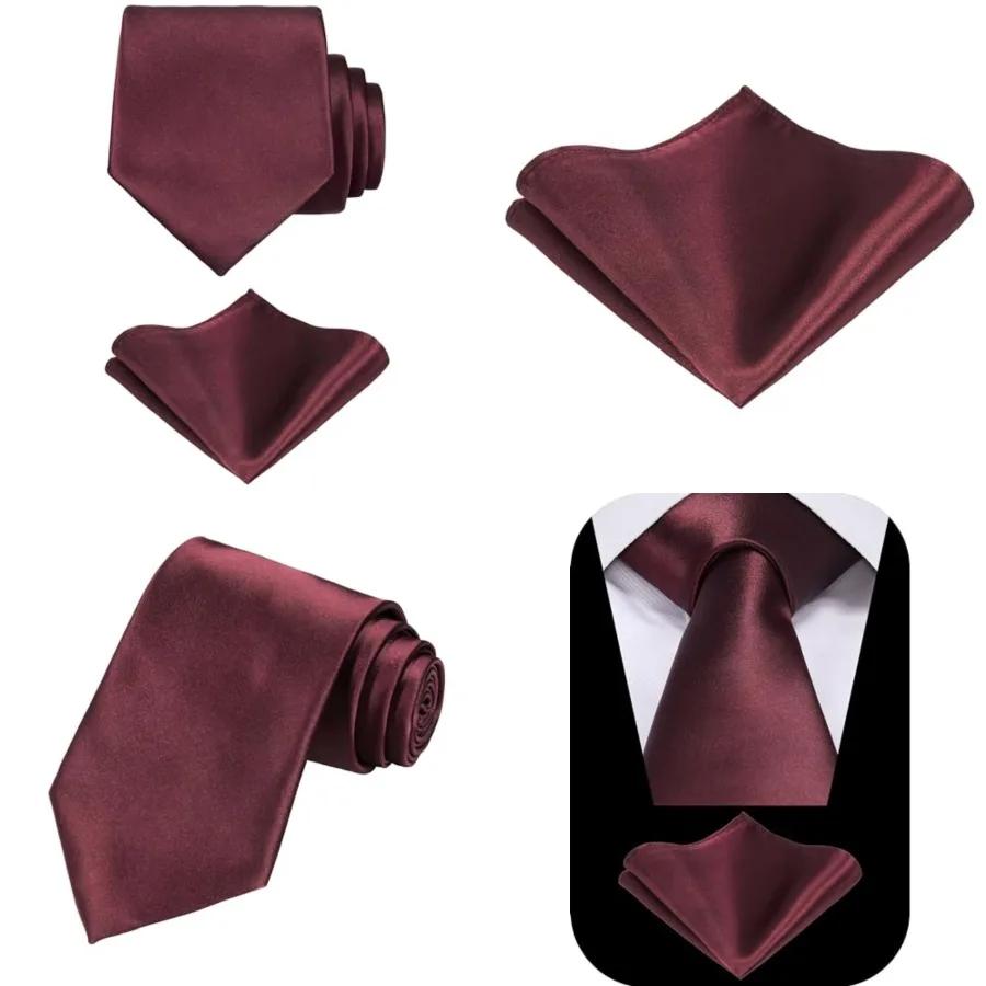 

Solid Satin Woven dyed Color Formal Black Necktie and Pocket Square Sets in Gift Box，Maroon Burgundy