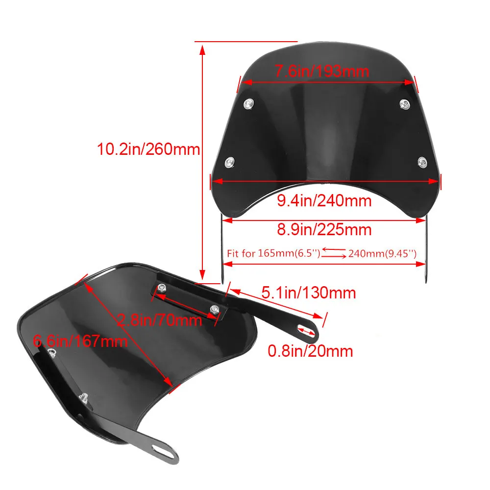 For Yamaha Kawasaki Suzuki Cafe Racer For Harley Honda Motorcycle Universal Black Windshield Wind Deflector Windscreen Fairing