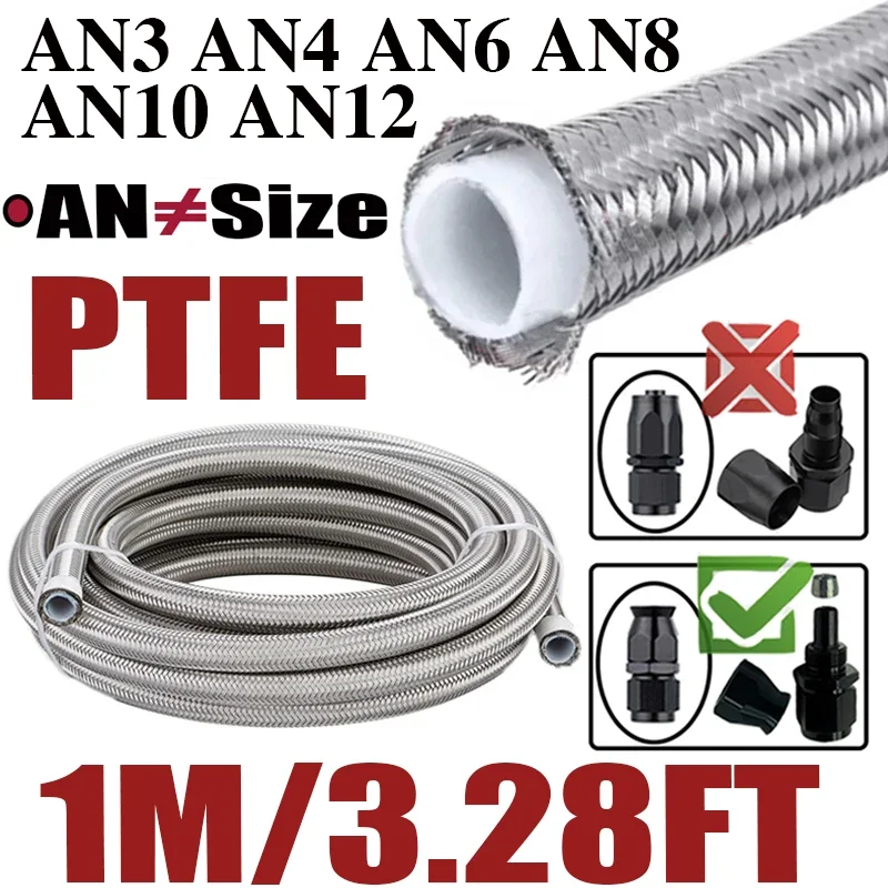 1M 3.28FT 3AN 4AN 6AN 8AN 10AN 12AN PTFE Fuel Oil Line Cooler Pipe Stainless Steel Brake Hose Temperature Pressure Resistance