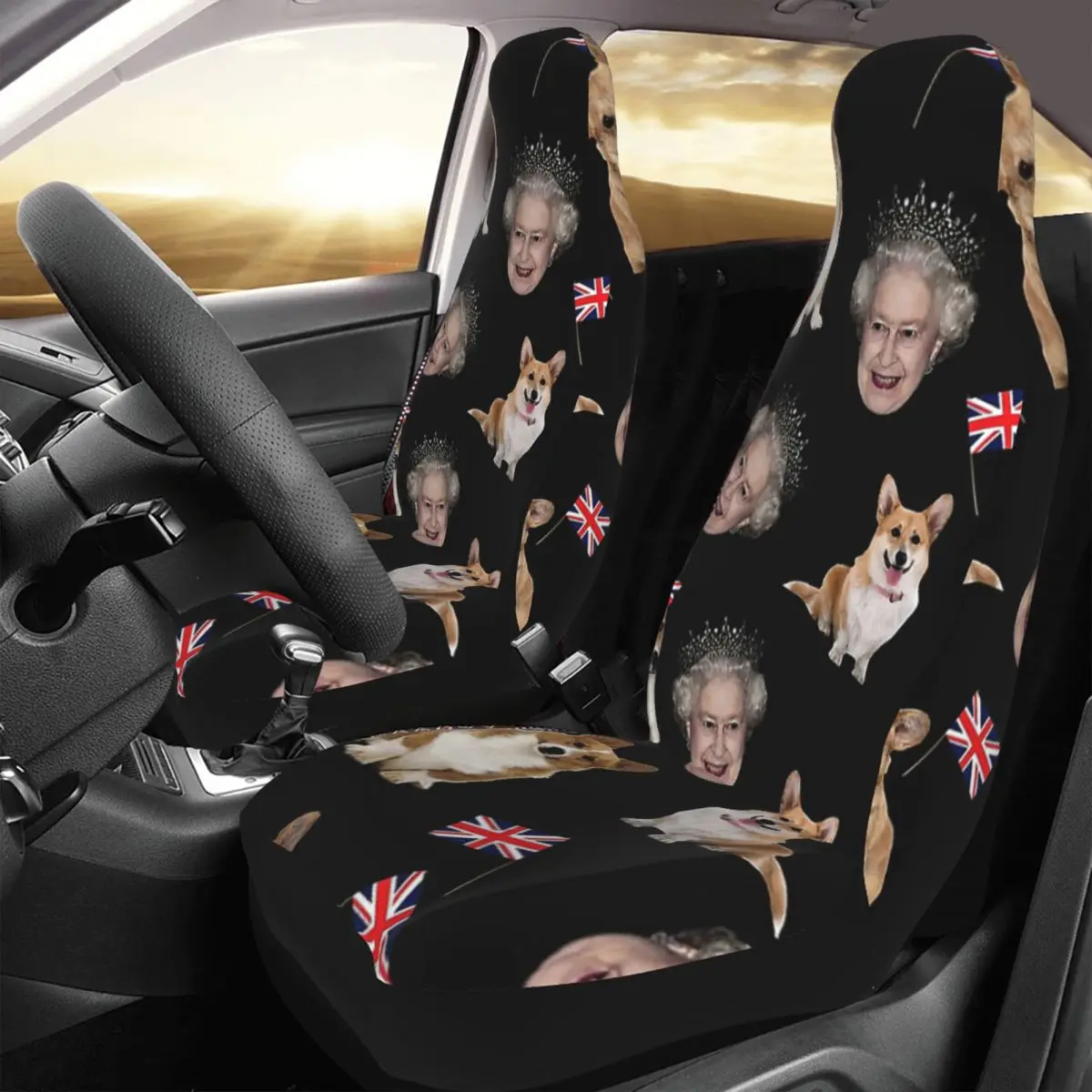 Queen Elizabeth And Corgis Pattern Car Seat Cover Custom Printing Universal Front Protector Accessories Cushion Set