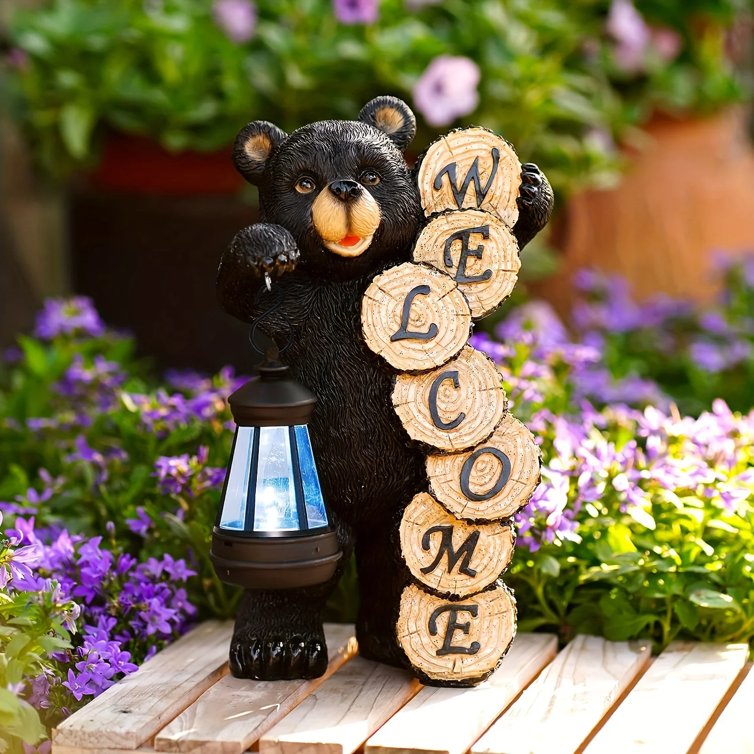 Large Black Bear Home Decor, Welcoming Bear Statue with Solar Lights - Ideal for Indoor, Outdoor, Garden, Patio, Garden Home