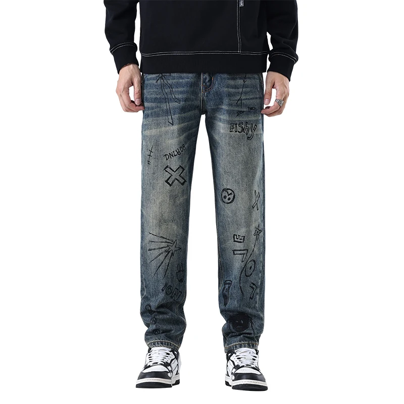 

BGC9822 New high-end design graffiti print retro jeans loose versatile small straight micro cone trousers