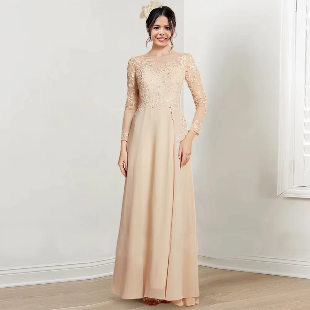 Customized Detail Mother of the Bride Dresses Chiffon A-line Evening Dress Champagne O-Neck Embroidery Groom's Mother Dresses