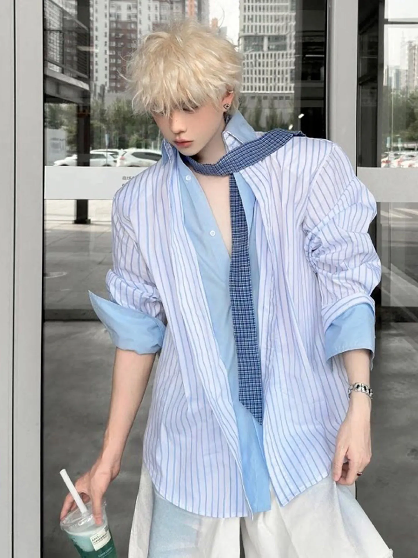 Thin Long Sleeve Striped Shirt Youth Commute Style Sun Protection Outerwear for Men Casual Loose Fit Summer Fashion