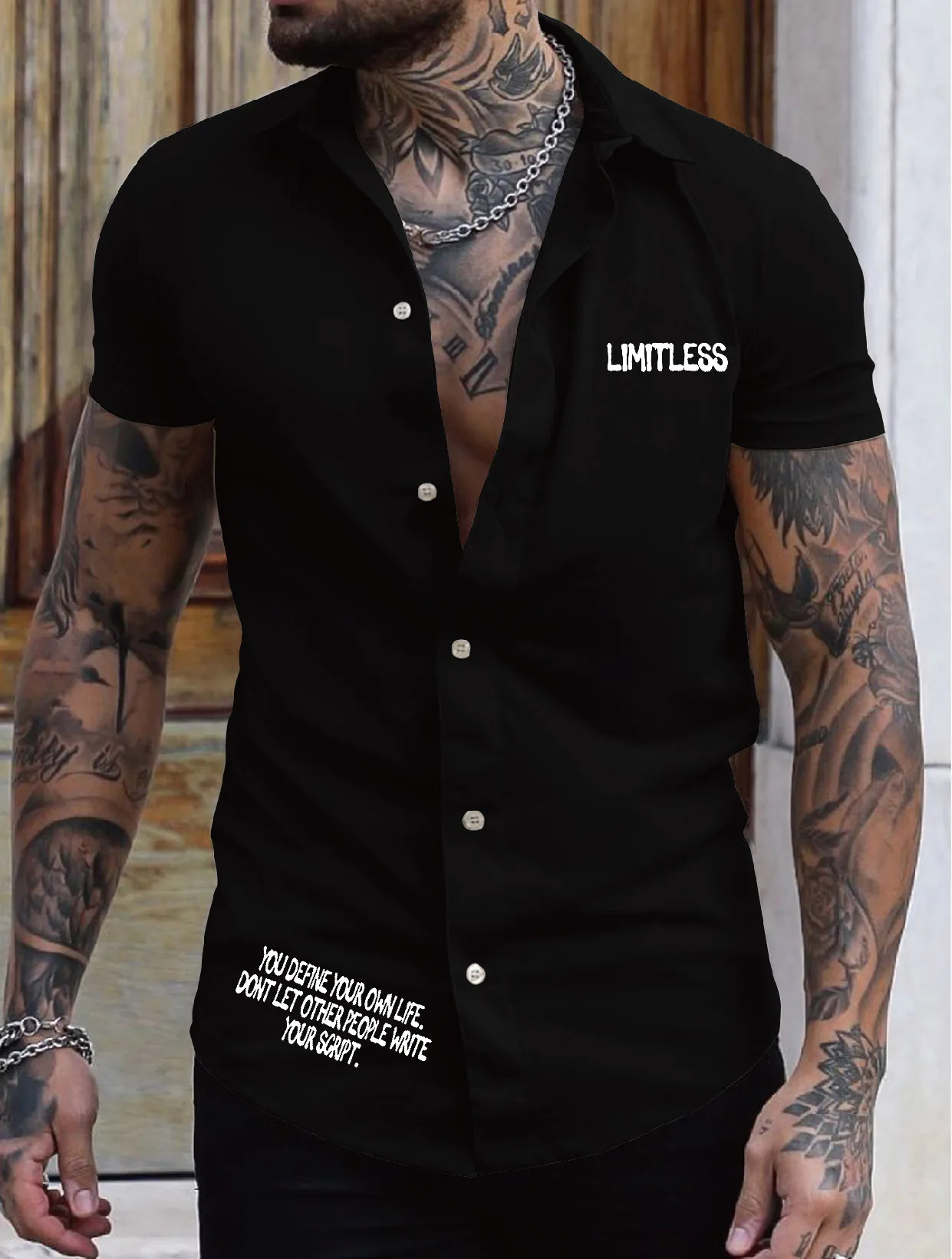Round neck casual black unlimited theme prints and inspirational slogans suitable for daily street wear